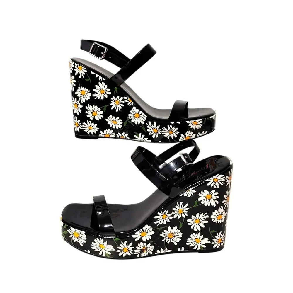 Betsey Johnson Landry Daisy Platform Wedge Sandals Black Floral Women Size 9